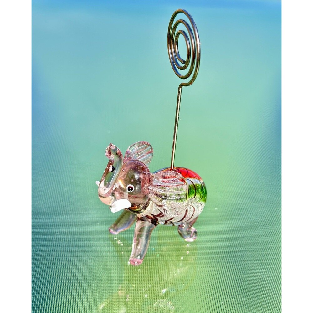 Hand Blown Art Glass Elephant Note Holder Stand Memo Recipe Decorative Stand